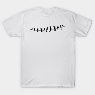 Whiskers and Feathers: A Playful Encounter on a Wire T-Shirt